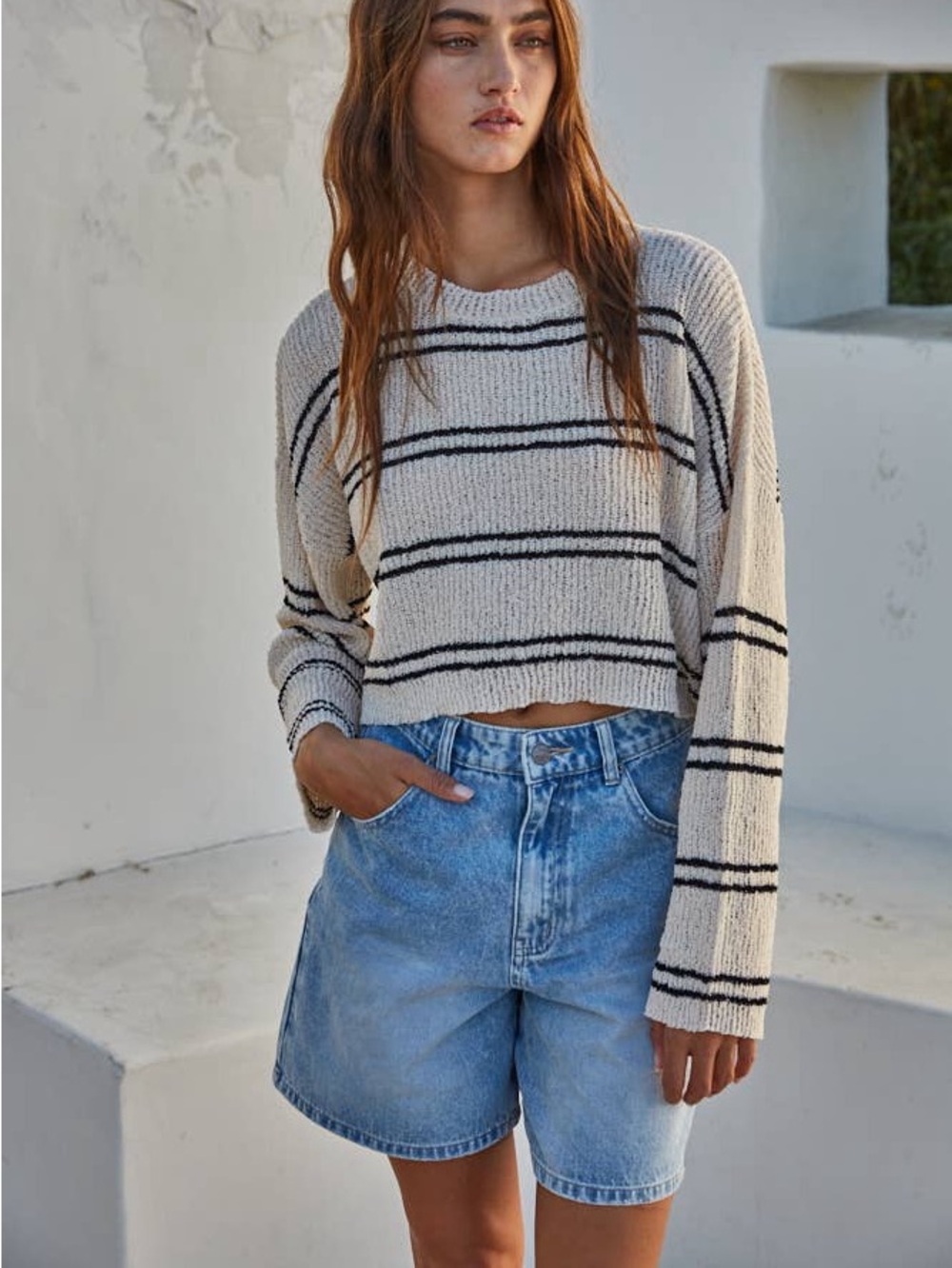Striped Cropped Sweater — Cream & Black